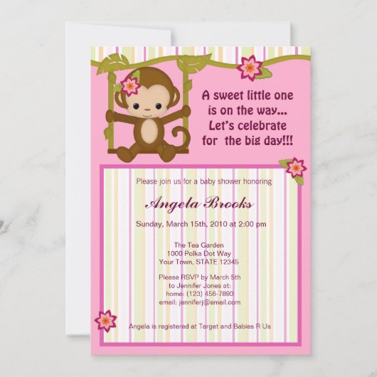 Miss Monkey Baby Shower Invitations Girl Kaart (Voorkant)