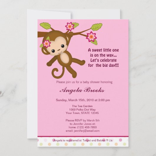 Miss Monkey Baby Shower Invitations Girl Kaart (Voorkant)