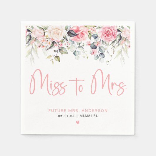 Miss naar Mrs Blush Floral Vrijgezellenfeest serve Servet (Voorkant)