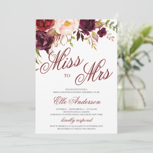 Miss naar Mrs. Bourgondië floral boho vrijgezellen Kaart (Staand voorkant)