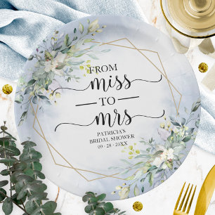 Miss naar Mrs Greenery Geometrische Bruiloftsshowe Papieren Bordje