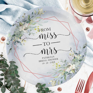 Miss naar Mrs Greenery Geometrische Bruiloftsshowe Papieren Bordje