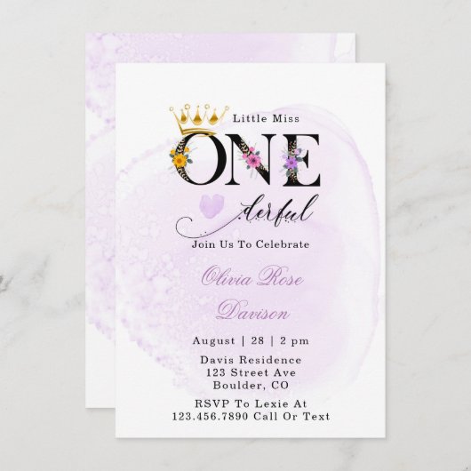 Miss One-derful Paars 1e verjaardag Partij I Kaart (Voorkant / Achterkant)