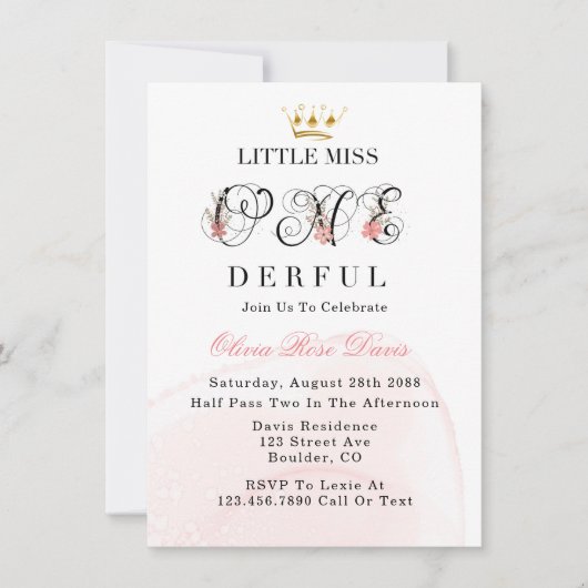 Miss One-derful Pink 1st Birthday Party Inv Kaart (Voorkant)