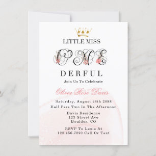 Miss One-derful Pink 1st Birthday Party Inv Kaart