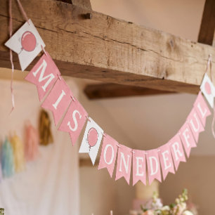 Miss Onederful 1e verjaardag ballon kinderen roze Vlaggetjes