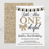 Miss Onederful Birthday Invite, Black and Gold Kaart (Voorkant / Achterkant)