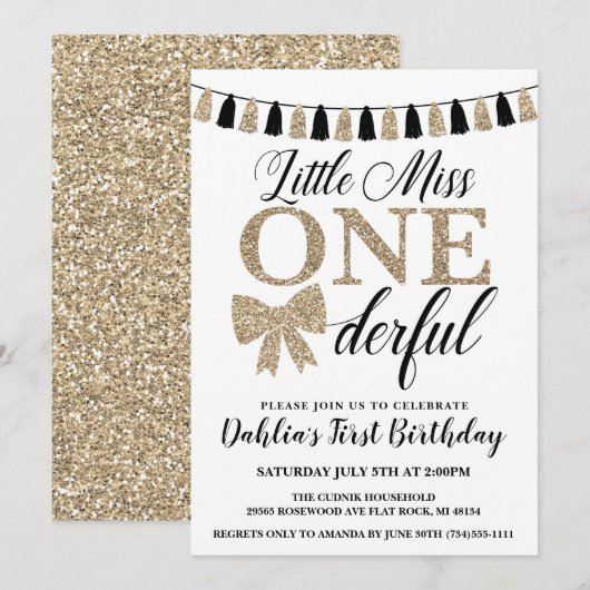 Miss Onederful Birthday Invite, Black and Gold Kaart (Voorkant / Achterkant)