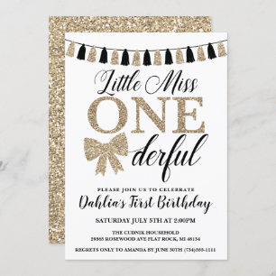 Miss Onederful Birthday Invite, Black and Gold Kaart