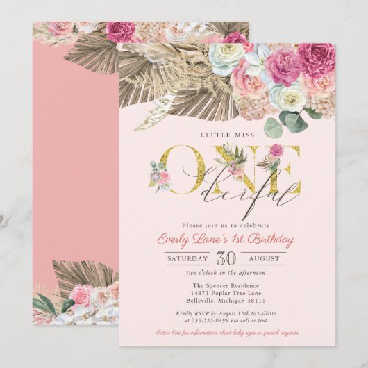 Miss ONEderful Boho Floral First Birthday Kaart (Voorkant / Achterkant)