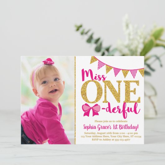 Miss ONEderful eerste verjaardag uitnodiging (Staand voorkant)