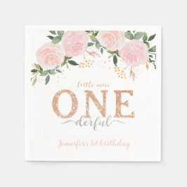 Miss Onederful Floral Pink Gold Napkins Servet