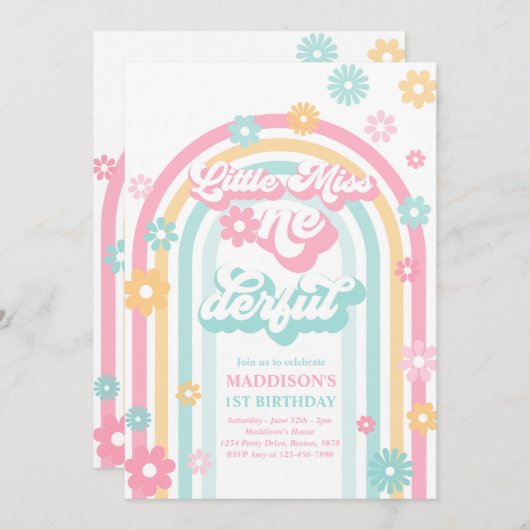 Miss Onederful Groovy Rainbow 1 geboortedag Kaart (Voorkant / Achterkant)