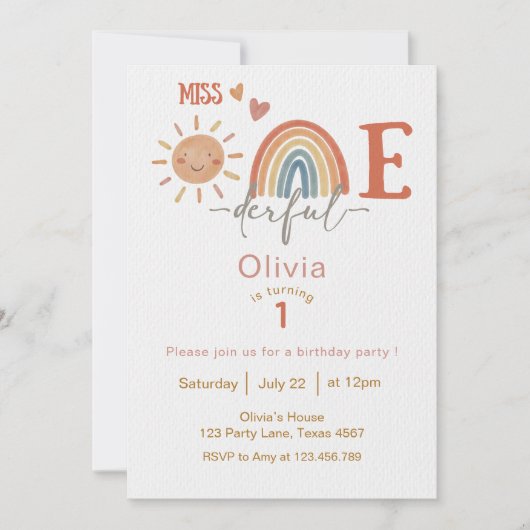 Miss ONEderful meisje 1e verjaardag uitnodiging (Voorkant)