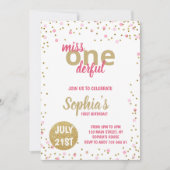 Miss Onederful Meisje Eerste Verjaardag Roze Confe Kaart (Voorkant)