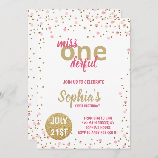 Miss Onederful Meisje Eerste Verjaardag Roze Confe Kaart (Voorkant / Achterkant)