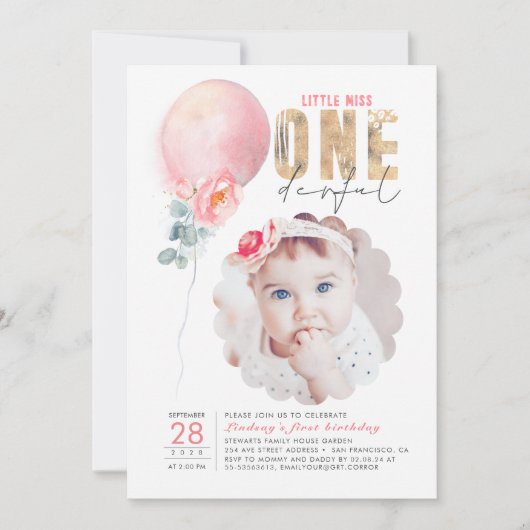 Miss Onederful Pink Ballon 1 ste verjaardag Foto Kaart (Voorkant)