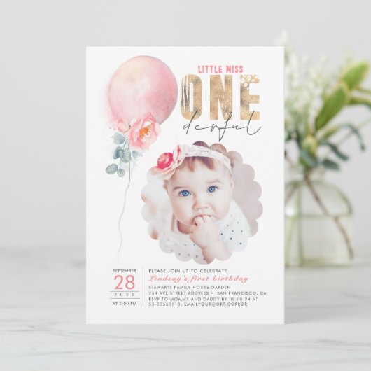 Miss Onederful Pink Ballon 1 ste verjaardag Foto Kaart (Staand voorkant)