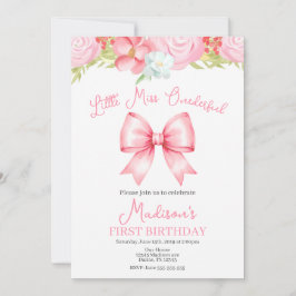 Miss Onederful Pink Bow First Birthday Invitation Kaart