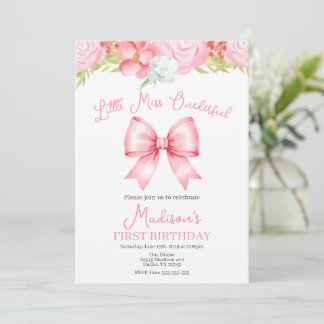 Miss Onederful Pink Bow First Birthday Invitation Kaart
