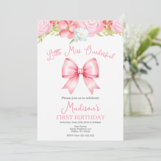 Miss Onederful Pink Bow First Birthday Invitation Kaart (Staand voorkant)