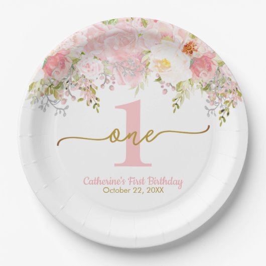 Miss Onederful Roze Roses First Birthday Papieren Bordje (Voorkant)