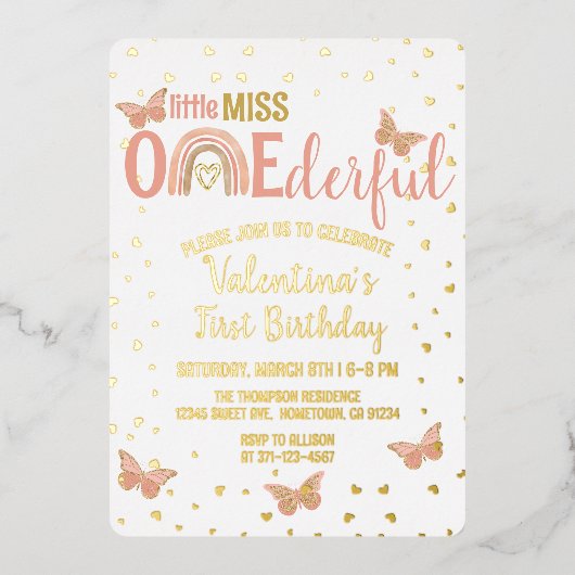 Miss ONEderful roze vlinders meisje 1e verjaardag Folie Uitnodiging (Voorkant)