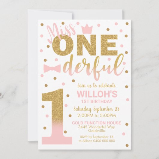 Miss Onederful Uitnodiging 1e Birthday Girl (Voorkant)