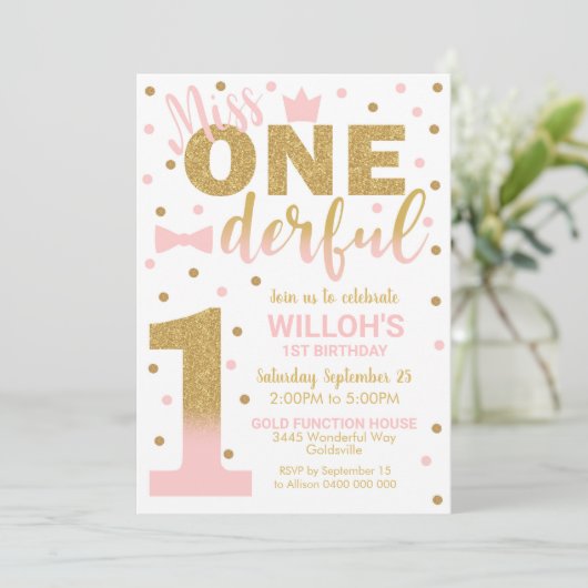 Miss Onederful Uitnodiging 1e Birthday Girl (Staand voorkant)