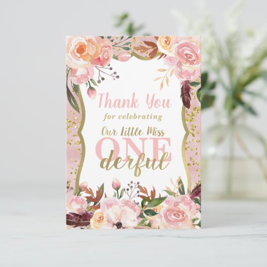 Miss ONEderful verjaardag bedankje, Boho, goud Bedankkaart (Staand voorkant)