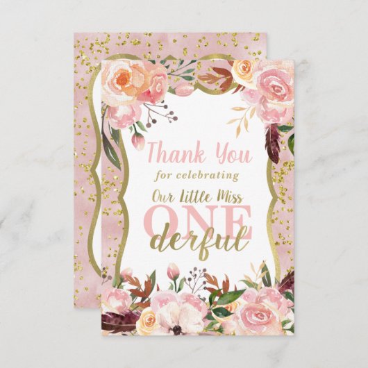 Miss ONEderful verjaardag bedankje, Boho, goud Bedankkaart (Voorkant / Achterkant)