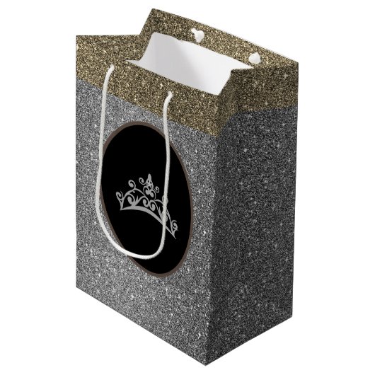 Miss Pageant Tiara Crown Silver FX GlitterGift Bag Medium Cadeauzakje (Voorkant Gekanteld)