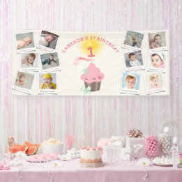 Miss Pink Cupcake 12 Foto Meisje 1e Verjaardagsfee Spandoek