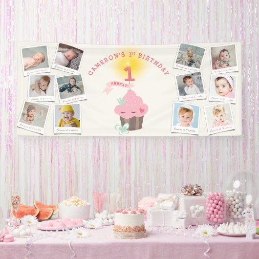 Miss Pink Cupcake 12 Foto Meisje 1e Verjaardagsfee Spandoek (Feest)