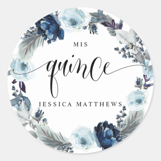 Miss Quince, Spaans, Krans Blauw Bloemen Ronde Sticker (Voorkant)