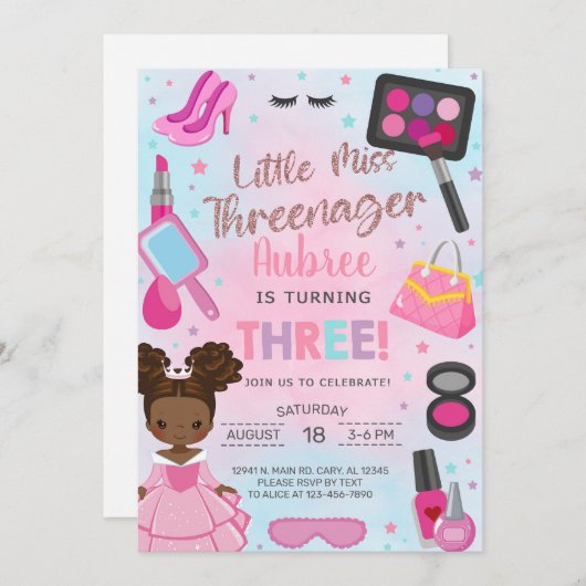 Miss Threenager girl 3rd third birthday invitation Kaart (Voorkant / Achterkant)