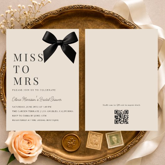 Miss to Mrs Black Bow QR Code Bruiloftsfeest Kaart