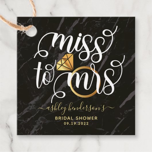 Miss To Mrs Black Marble Bruiloftsfeest Bedankjes Labels (Voorkant)