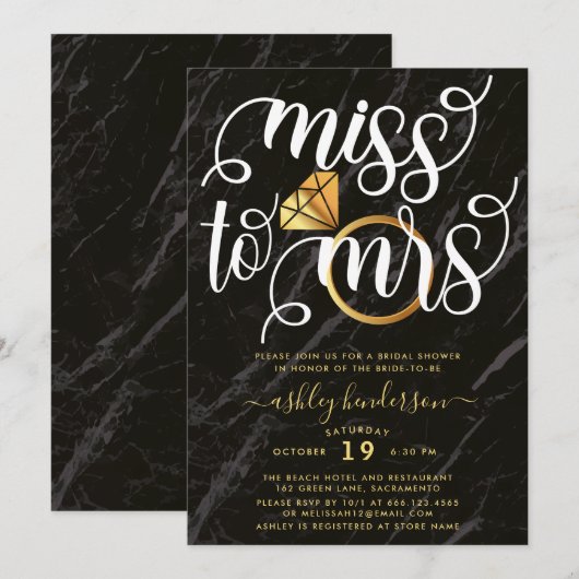 Miss To Mrs Black Marble Vrijgezellenfeest Kaart (Voorkant / Achterkant)