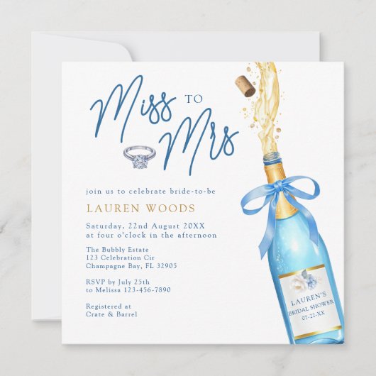 Miss to Mrs Blue Champagne Bridal Shower Invite Kaart (Voorkant)