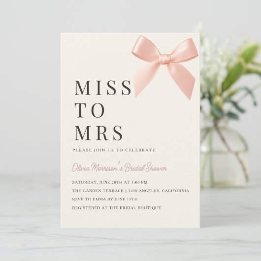 Miss to Mrs Blush Pink Bow QR Code Bridal Shower Kaart (Staand voorkant)