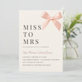 Miss to Mrs Blush Roze Strik Bruiloft Uitnodiging (Staand voorkant)