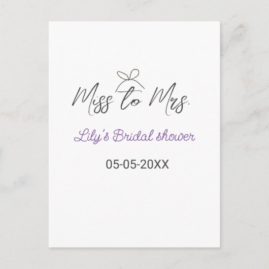 Miss to Mrs bruidsfeest voeg naam datum jaar strik Briefkaart (Voorkant)