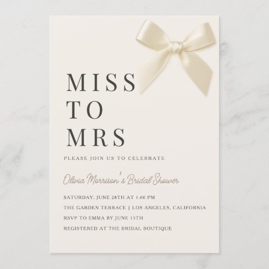Miss to Mrs Coquette Bow QR Code Bridal Shower Kaart (Voorkant)