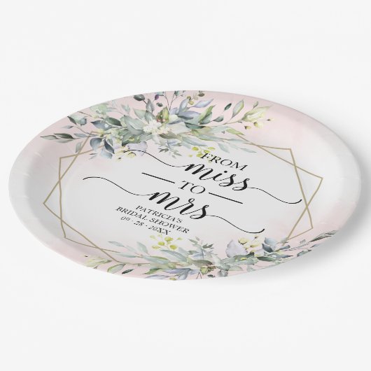 Miss to Mrs Greenery Geometrische Bruiloftsdouche Papieren Bordje (Gekanteld)