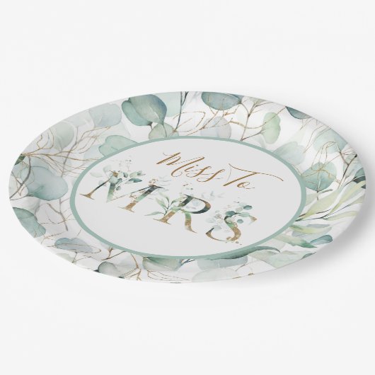 Miss to Mrs Paper Borden Eucalyptus Vrijgezellenfe Papieren Bordje (Gekanteld)