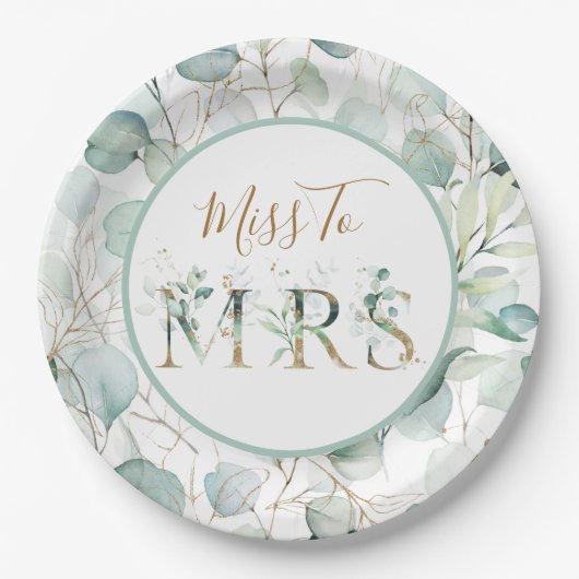 Miss to Mrs Paper Borden Eucalyptus Vrijgezellenfe Papieren Bordje (Voorkant)