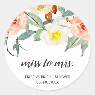 Miss to Mrs Perzik Bloem Bruiloft Feest Favor Ronde Sticker