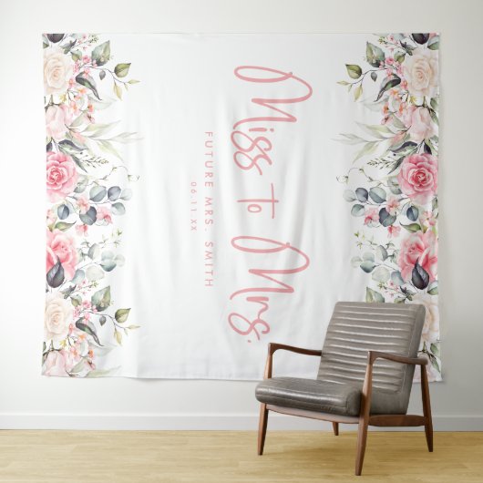 Miss to Mrs Pink Floral Vrijgezellenfeest Achtergr Wandkleed (In Situ (horizontaal))
