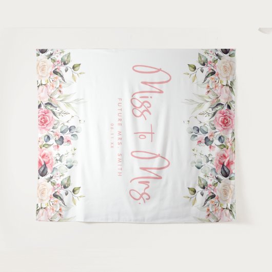 Miss to Mrs Pink Floral Vrijgezellenfeest Achtergr Wandkleed (Voorkant (horizontaal))
